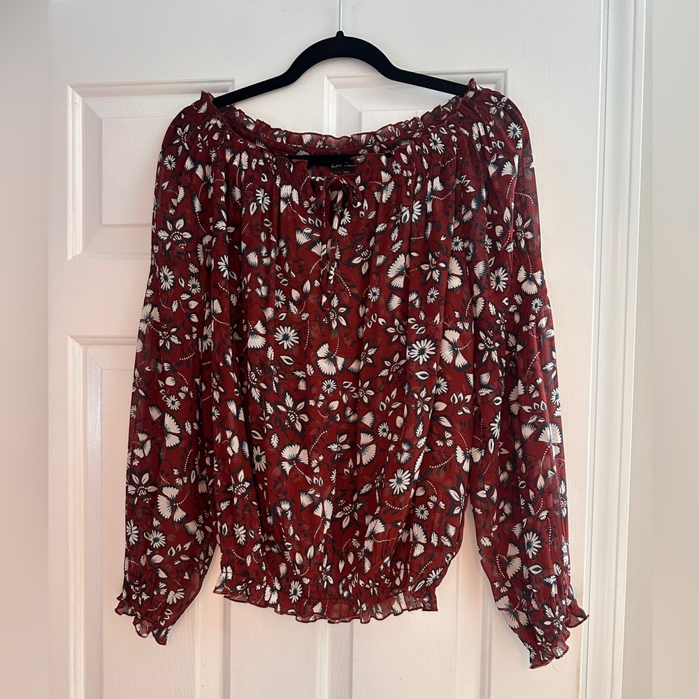 Express Boho Burgundy Floral Peasant Blouse Size S